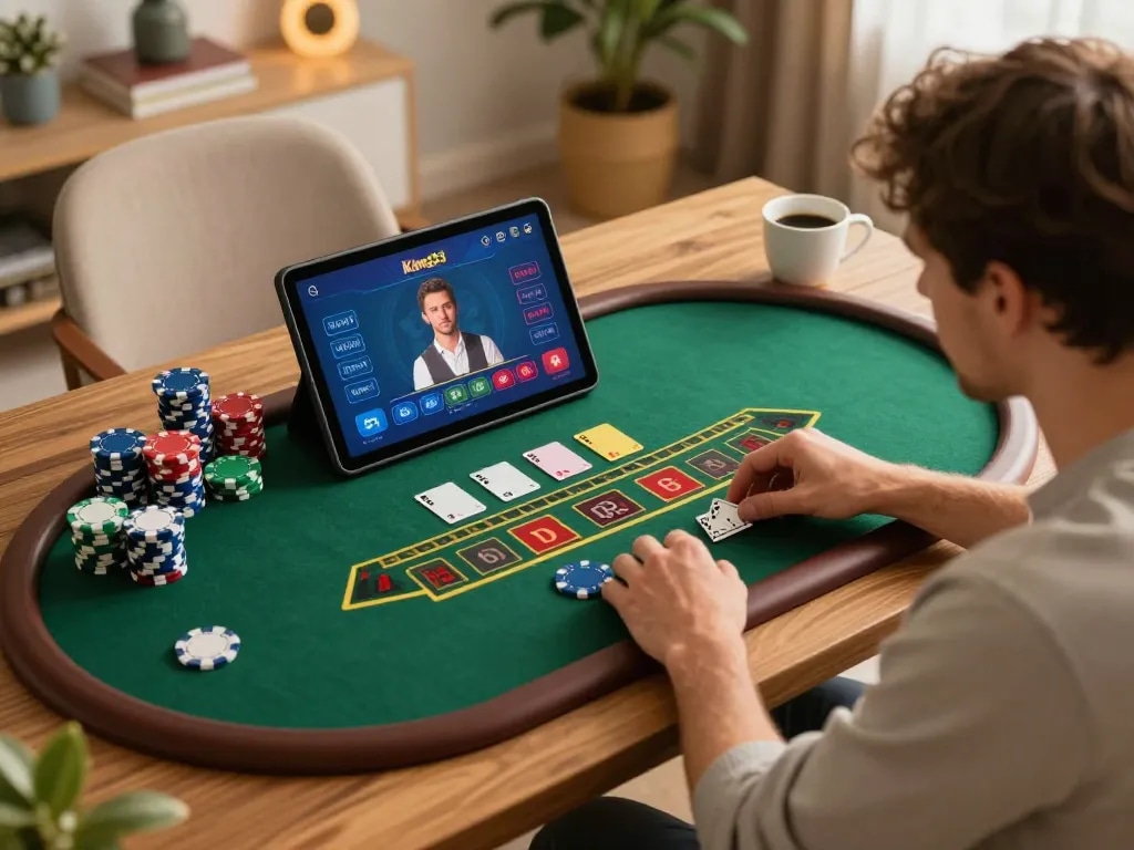 Engaged player experiencing King33 live dealer blackjack gameplay on tablet while strategizing from home.