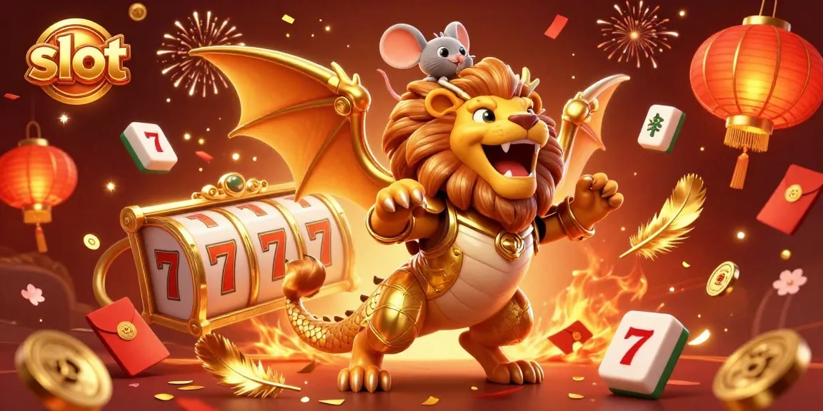 Experience the excitement of slot gaming with a chimera creature, lucky symbols, and vibrant celebrations.