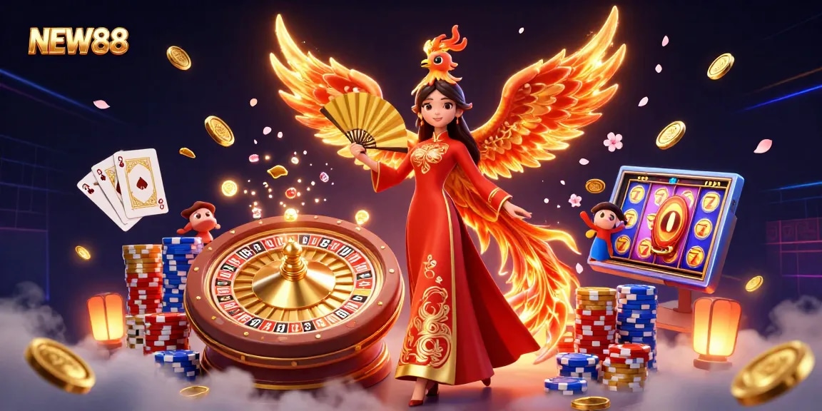 Engage with NEW88’s vibrant gaming world featuring dynamic characters and casino elements.