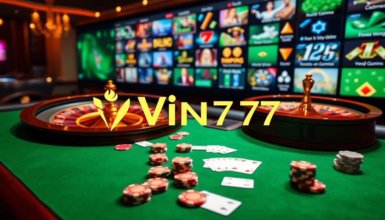 Vin777 casino showcasing exciting games with poker chips and roulette wheel.