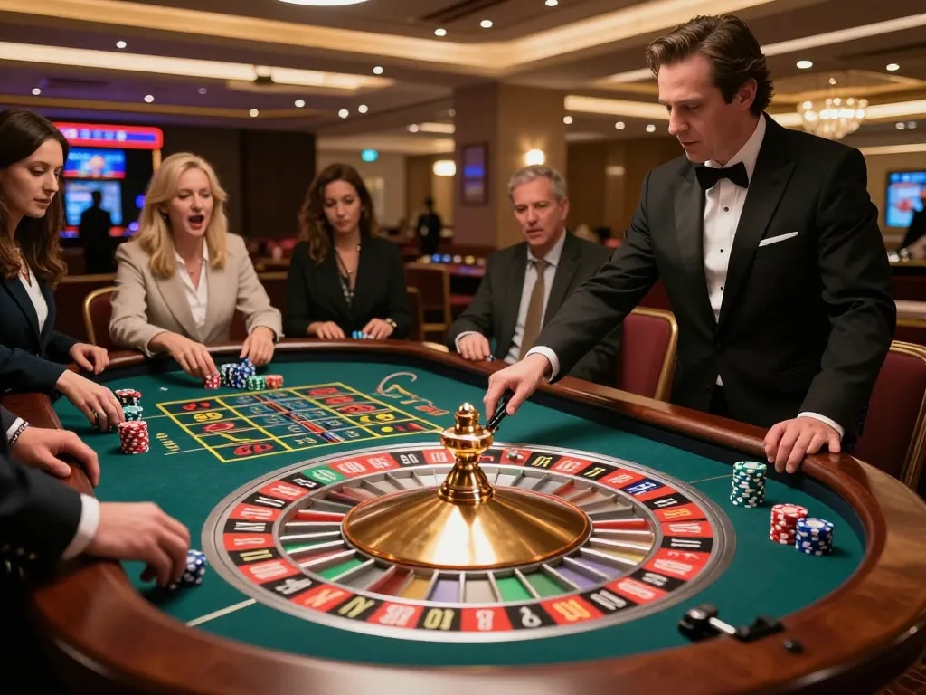 Players engaging in an exciting roulette game at Casino MM99, showcasing vibrant action and atmosphere.