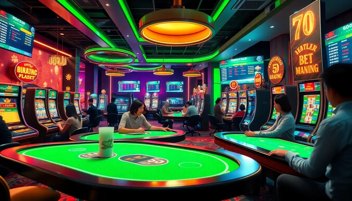Bolagacor online gambling scene with lively players, modern gaming tables, and dynamic slot machines.