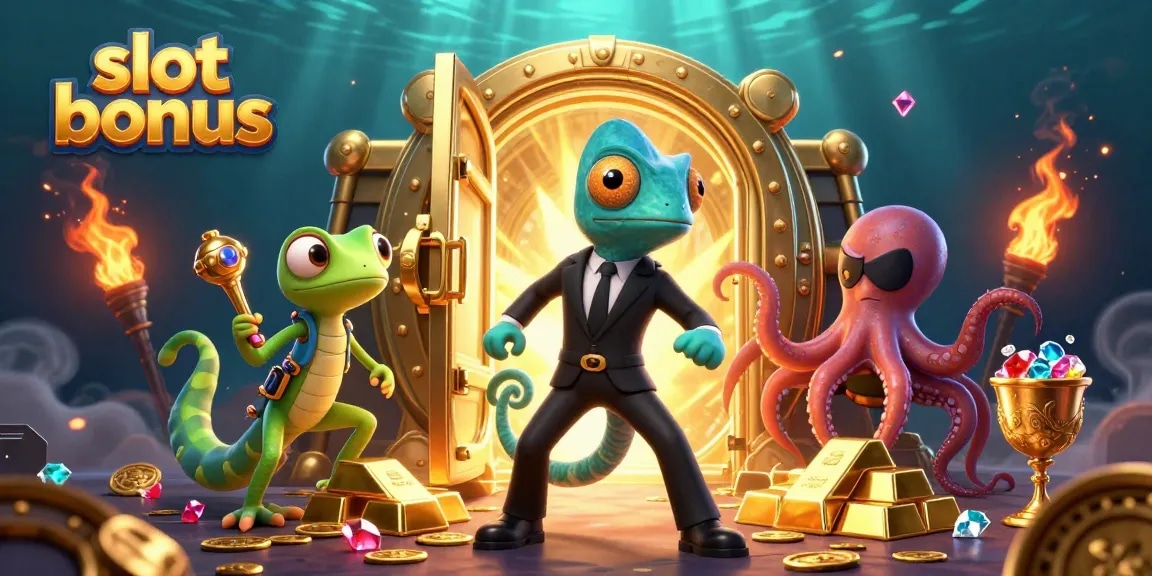 Experience the slot bonus with vibrant 3D cartoon characters amid a treasure-filled casino scene.