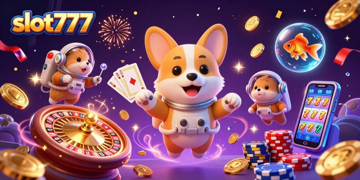 Experience the thrill of slot777 with dynamic casino action showcased in a colorful 3D illustration.