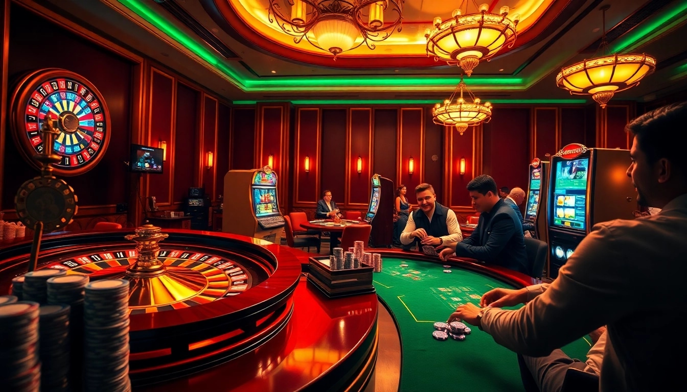 A dynamic casino scene showcasing excitement and luxury at https://kkwin.co.com/ with players engaging in thrilling gambling activities.
