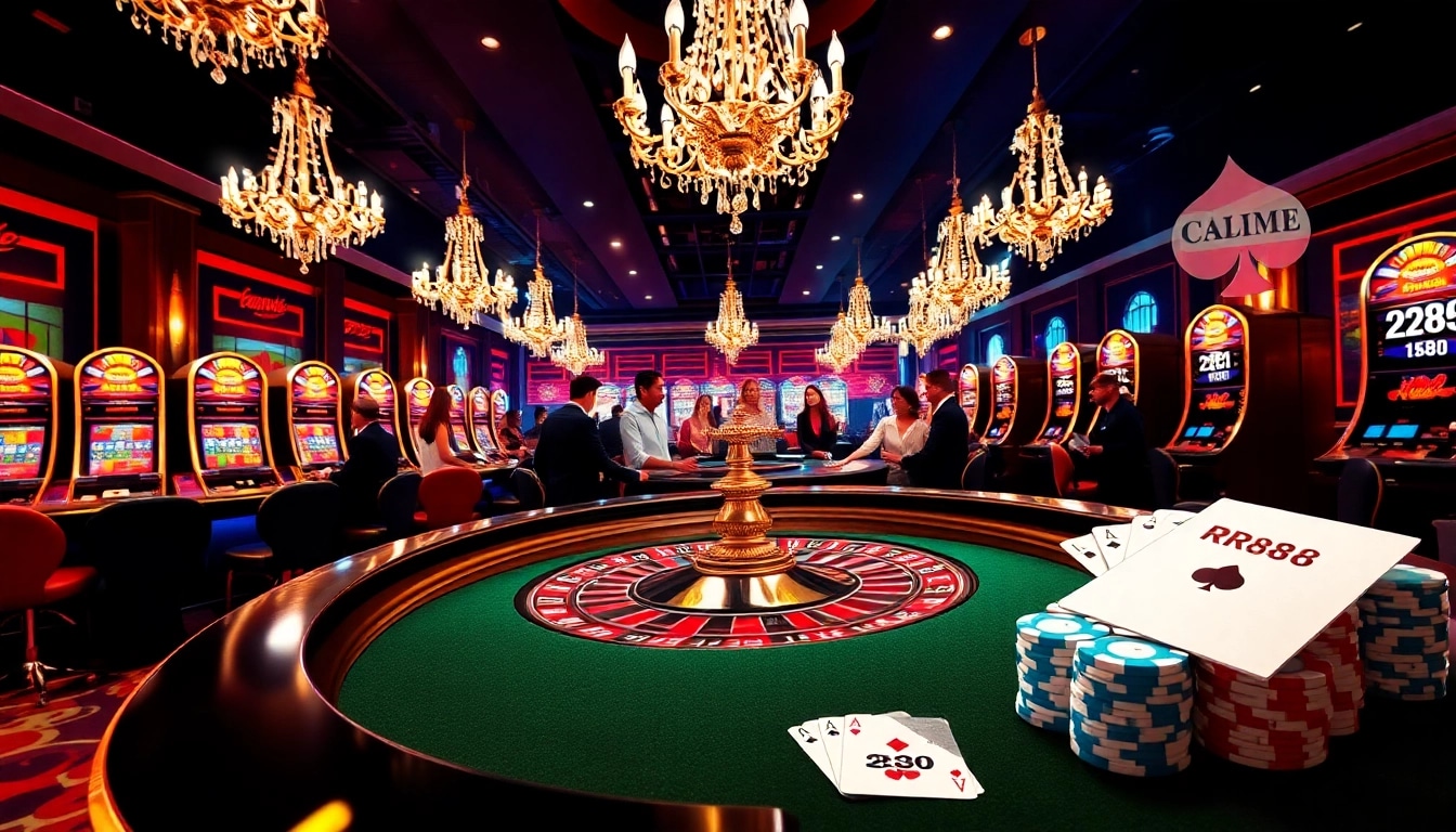 Players strategizing at a luxurious RR88 casino table surrounded by vibrant slot machines.