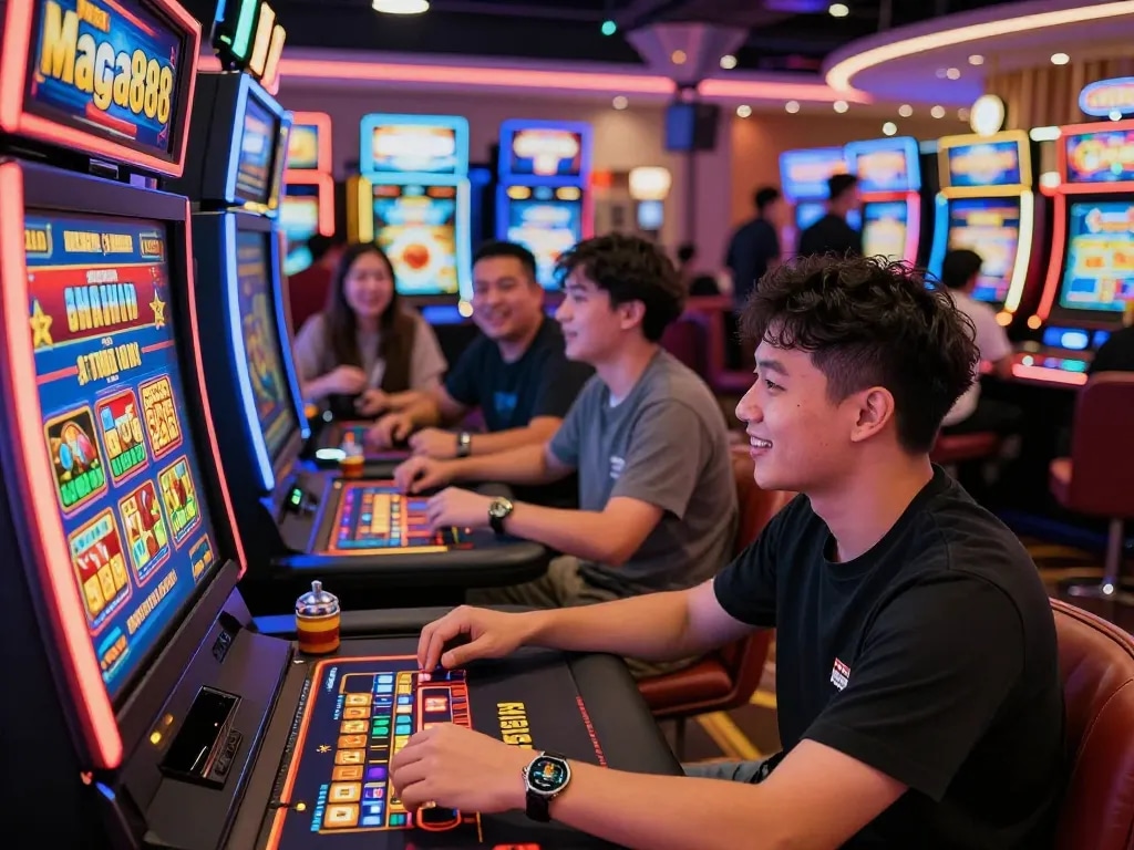 Player enjoying free credit Mega888 at a vibrant online casino surrounded by dynamic gaming activities.