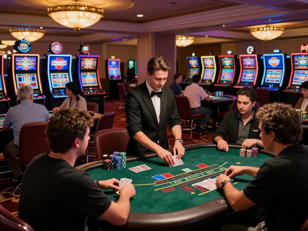Engaged players strategizing at FIVE 88 blackjack tables in a lively casino atmosphere