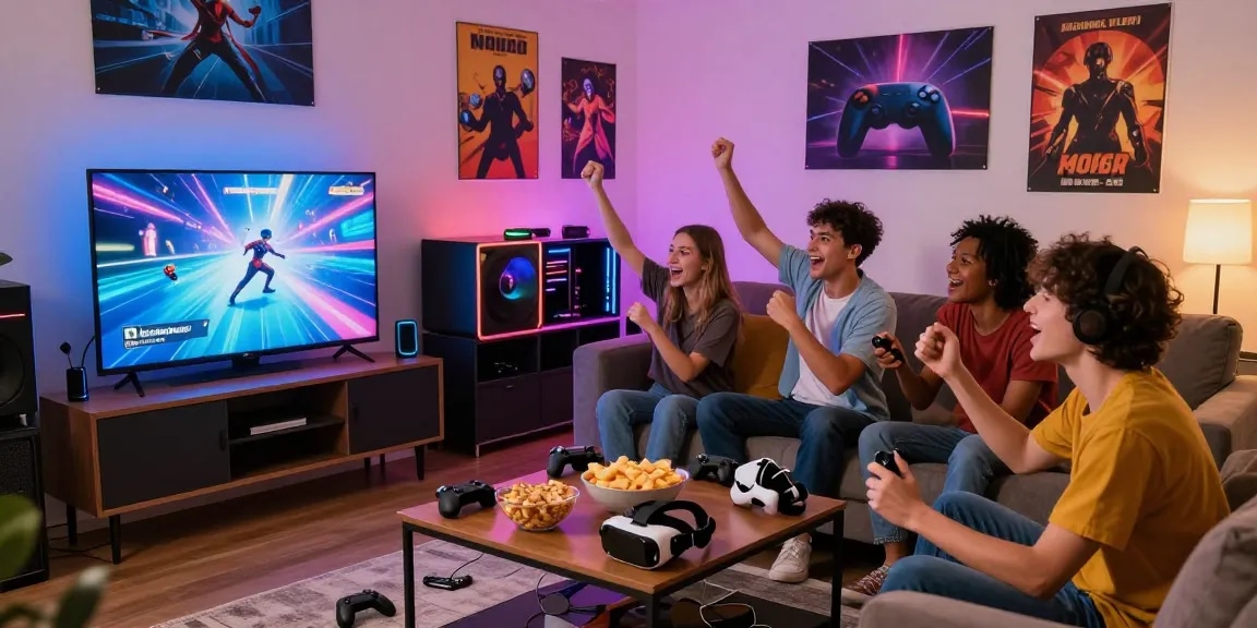 Group enjoying fun adult games in a lively game night atmosphere with vibrant gaming decor.