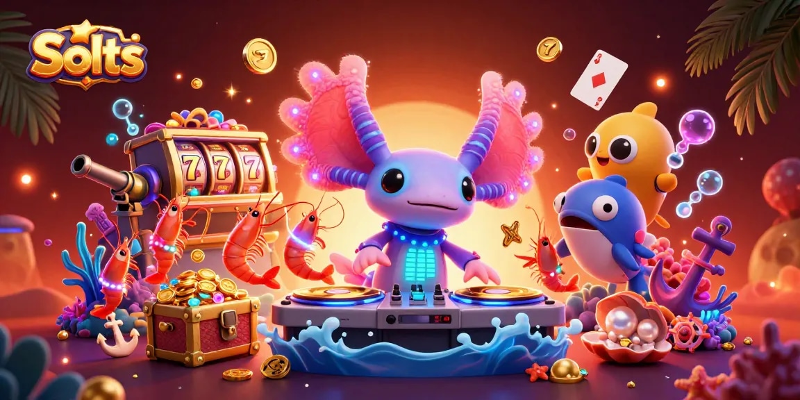 Spin colorful Slots with a neon DJ axolotl and dancing shrimp in a vibrant 3D casino scene.