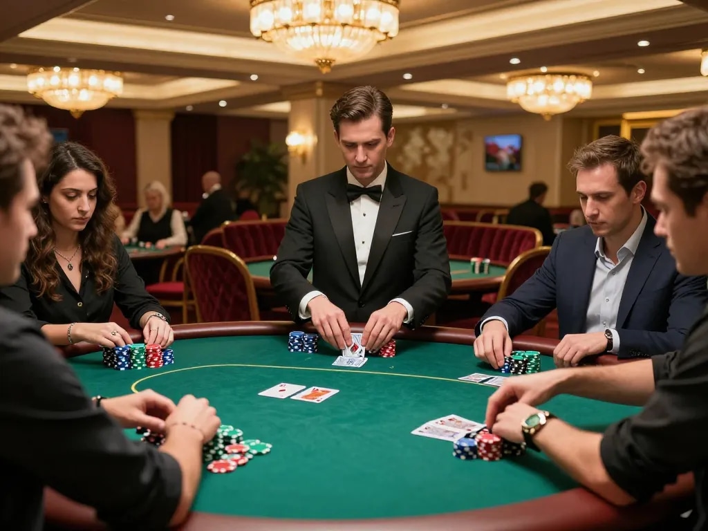 Active poker game at upscale casino featuring strategic 7M gameplay and vibrant chip stacks.