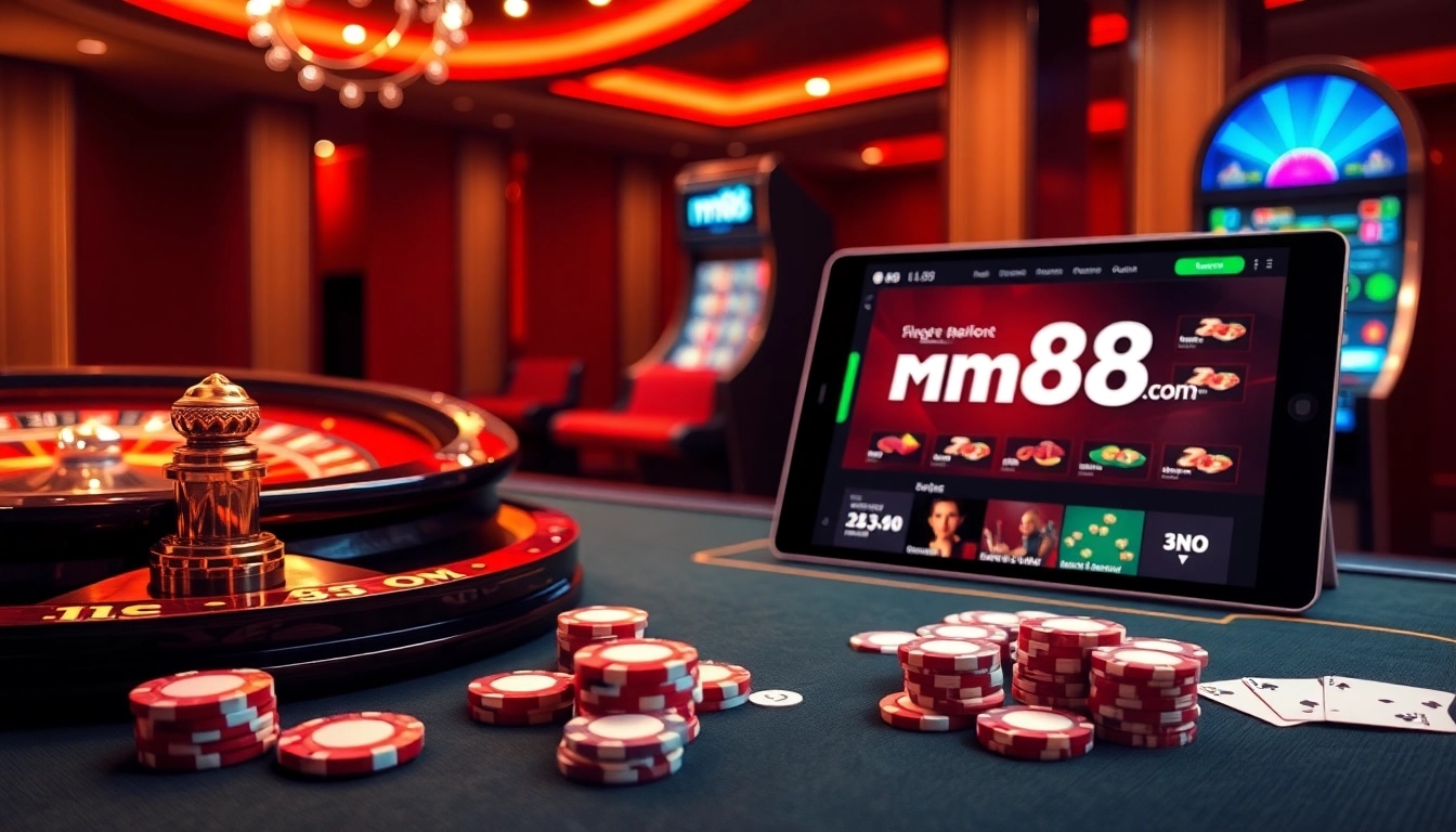 Gambling excitement at mm88 com with poker chips and a roulette wheel in a luxurious casino setting.