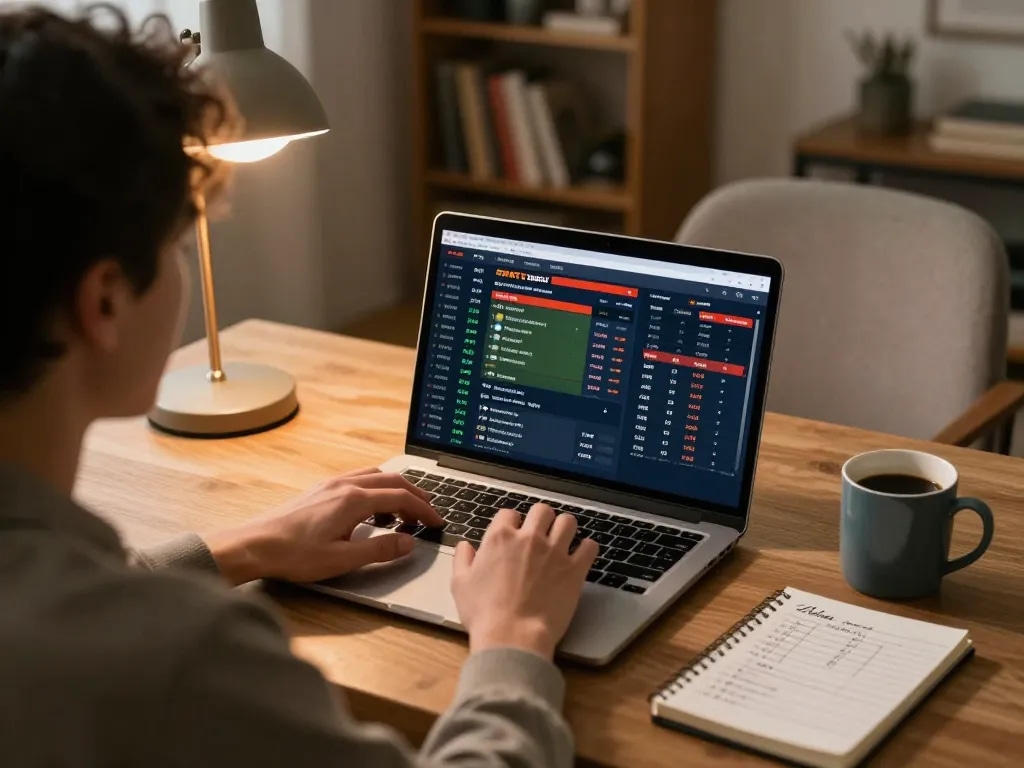 Person engaged in keo nha cai betting via laptop in a cozy home workspace