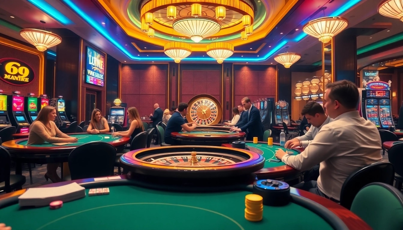 Experience the excitement at Winstrike69 with players enjoying thrilling casino games and vibrant slot machines.