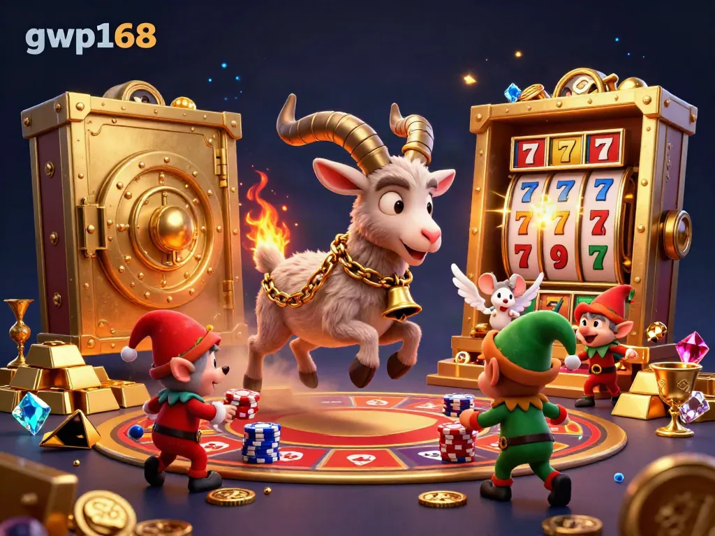 Permainan seru di gwp168 dengan Krampus dan karakter lucu di kasino bertema liburan.