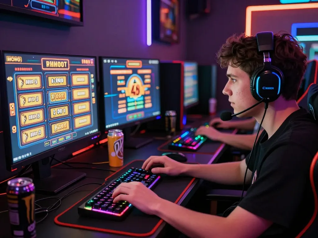 Situs slot gacor gaming scene with player immersed in online slot games, colorful LED lights, and monitors displaying winnings.