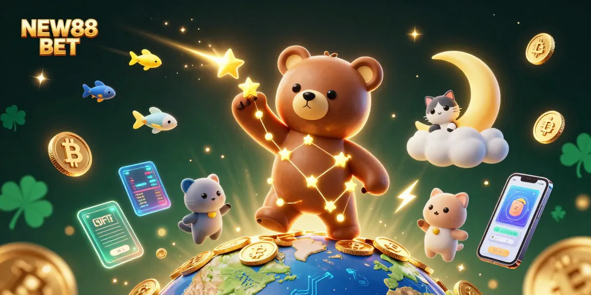 Engage in NEW88 BET's thrilling game world with vibrant casino elements and enchanting characters.