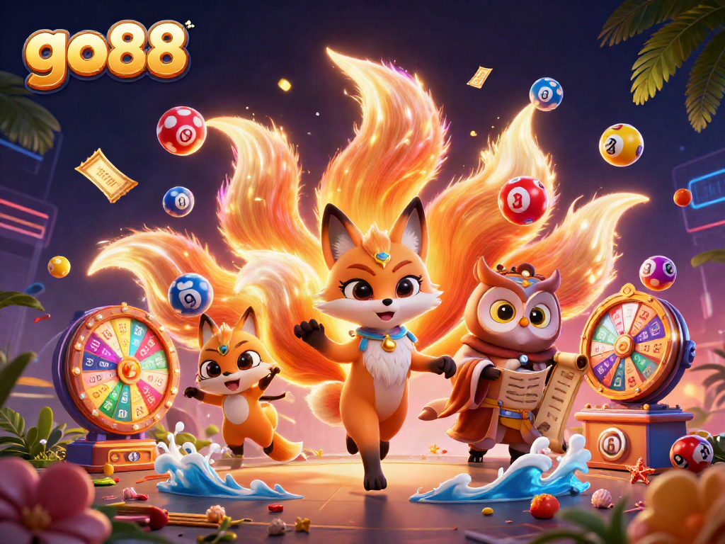Engage with go88 through a colorful 3D casino illustration showcasing vibrant lottery elements.