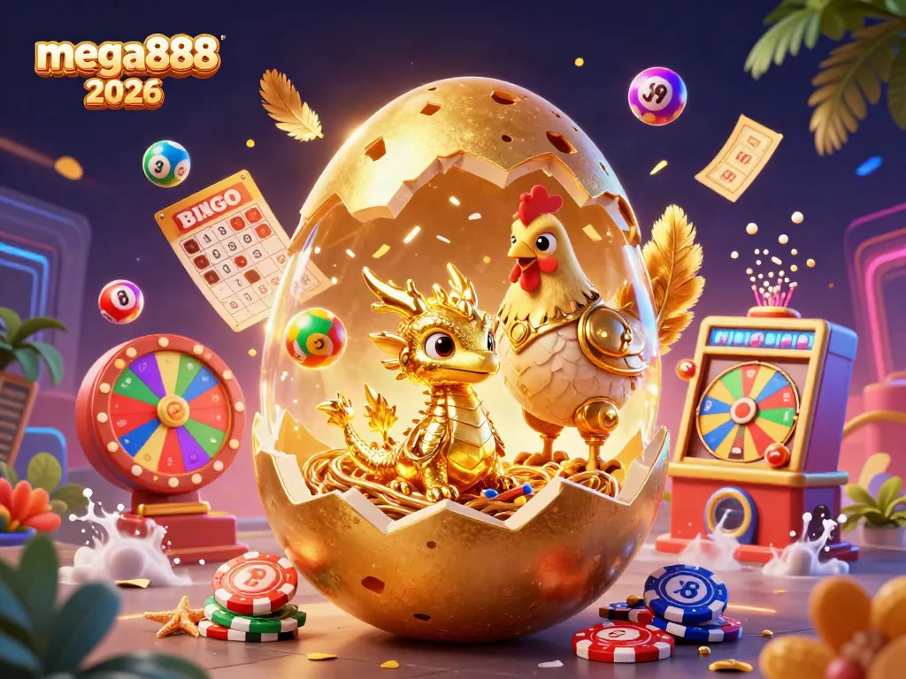 Experience mega888 2026 with a vibrant scene featuring a golden egg and dragon among dynamic casino elements.