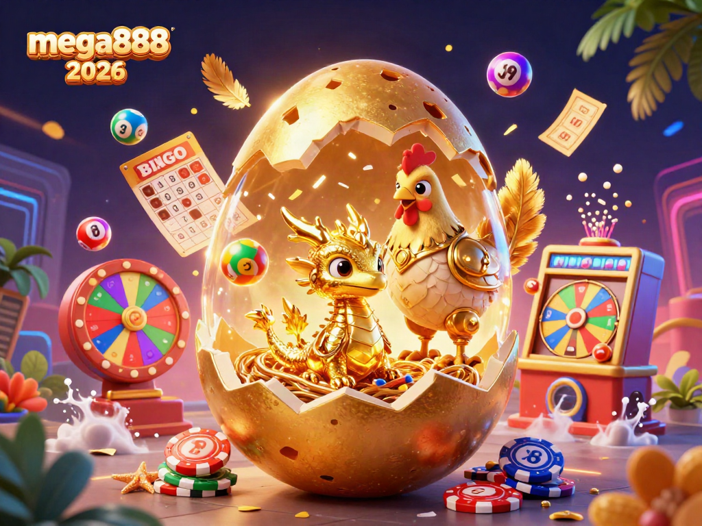 Experience mega888 2026 with a vibrant scene featuring a golden egg and dragon among dynamic casino elements.