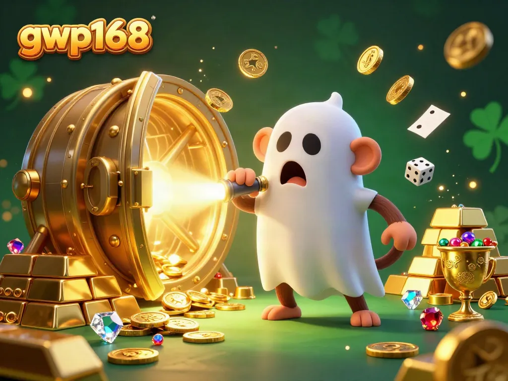 Gambar 3D kasino interaktif gwp168 dengan koin emas melayang dan hantu anjing berburu.