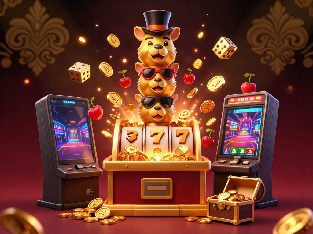 Experience exciting gameplay at rr88 with an engaging 3D illustration of a golden totem pole and slot machine, showcasing casino fun.