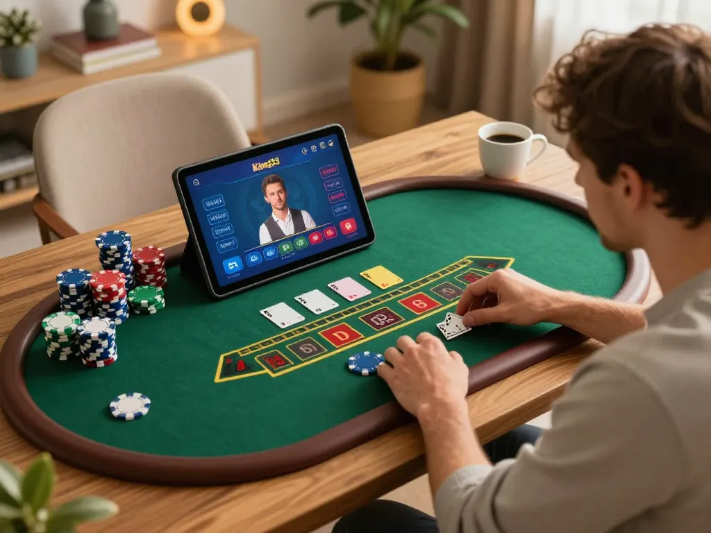 Engaged player experiencing King33 live dealer blackjack gameplay on tablet while strategizing from home.