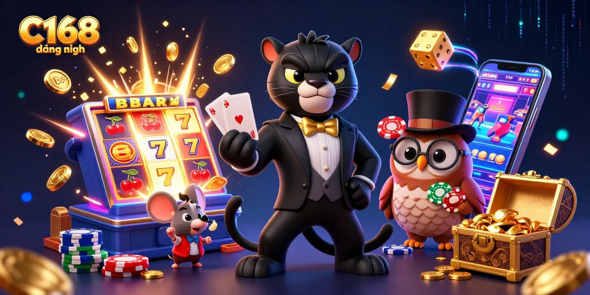 C168 đằng nhập showcases a playful 3D casino scene with colorful elements and characters engaging in card games.