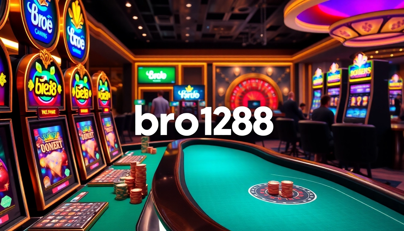 Engaging scene at bro138 featuring luxurious slot machines and poker tables in a vibrant casino atmosphere.