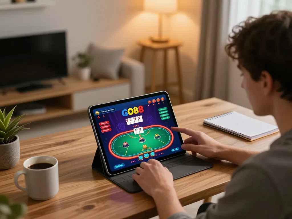 Player engaging with the GO88 casino app on a tablet during a cozy home gaming session