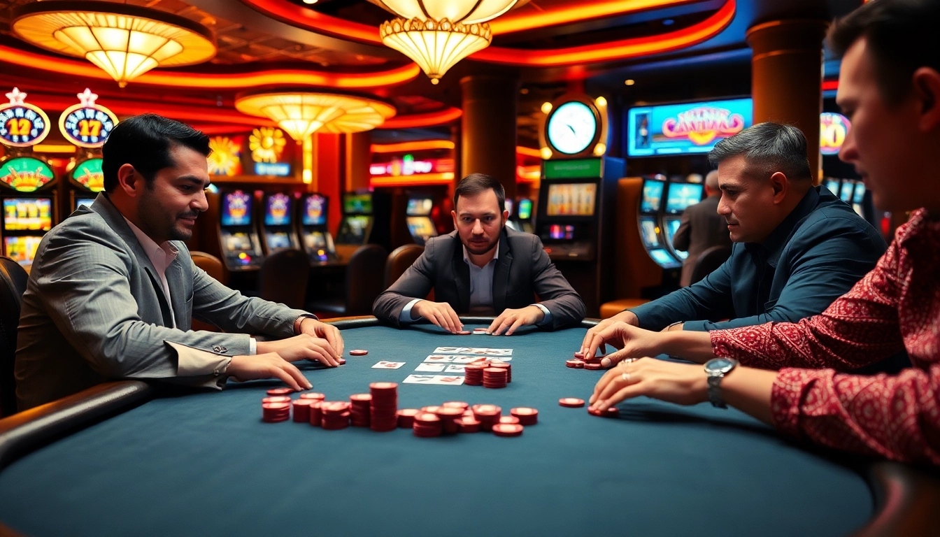 Spannende Pokerrunde auf casino spiele.de mit lebhaften Spielern und einer eleganten Casino-Umgebung.