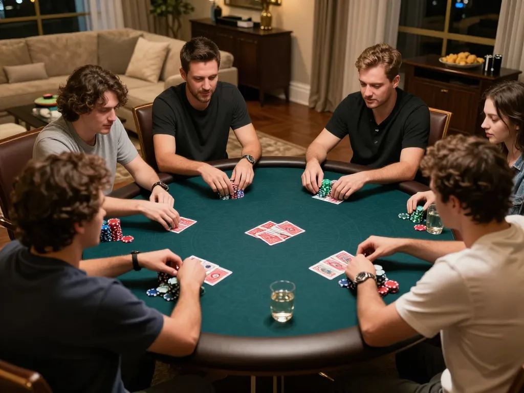 Players enjoying a thrilling poker game session at home, showcasing the social side of 98win com gaming.