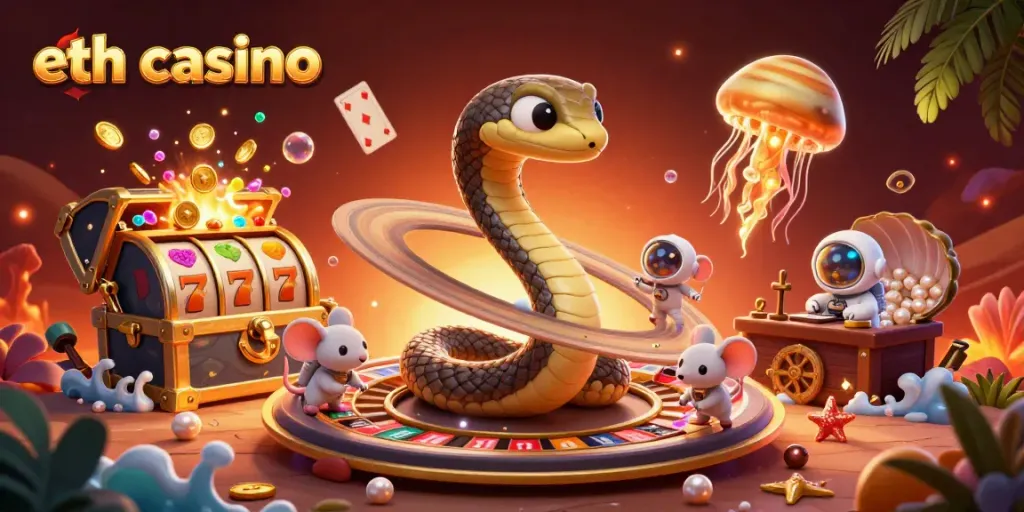 Experience an eth casino adventure with betting astronaut mice and a cosmic dealer in a vibrant digital casino.