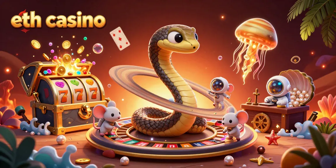 Experience an eth casino adventure with betting astronaut mice and a cosmic dealer in a vibrant digital casino.