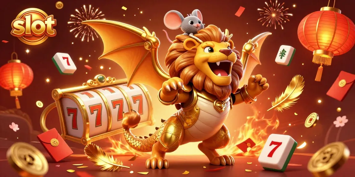 Experience the excitement of slot gaming with a chimera creature, lucky symbols, and vibrant celebrations.