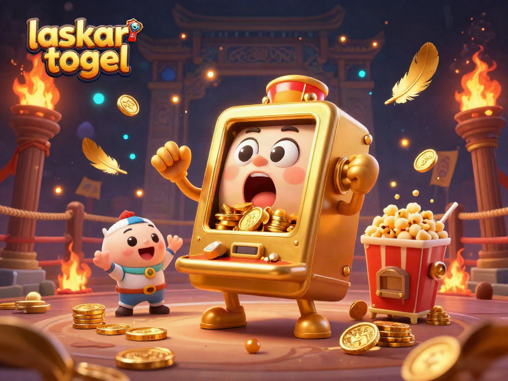 Experience the thrilling jackpot moment with laskar togel's vibrant golden slot machine celebrating its win, coins pouring in.