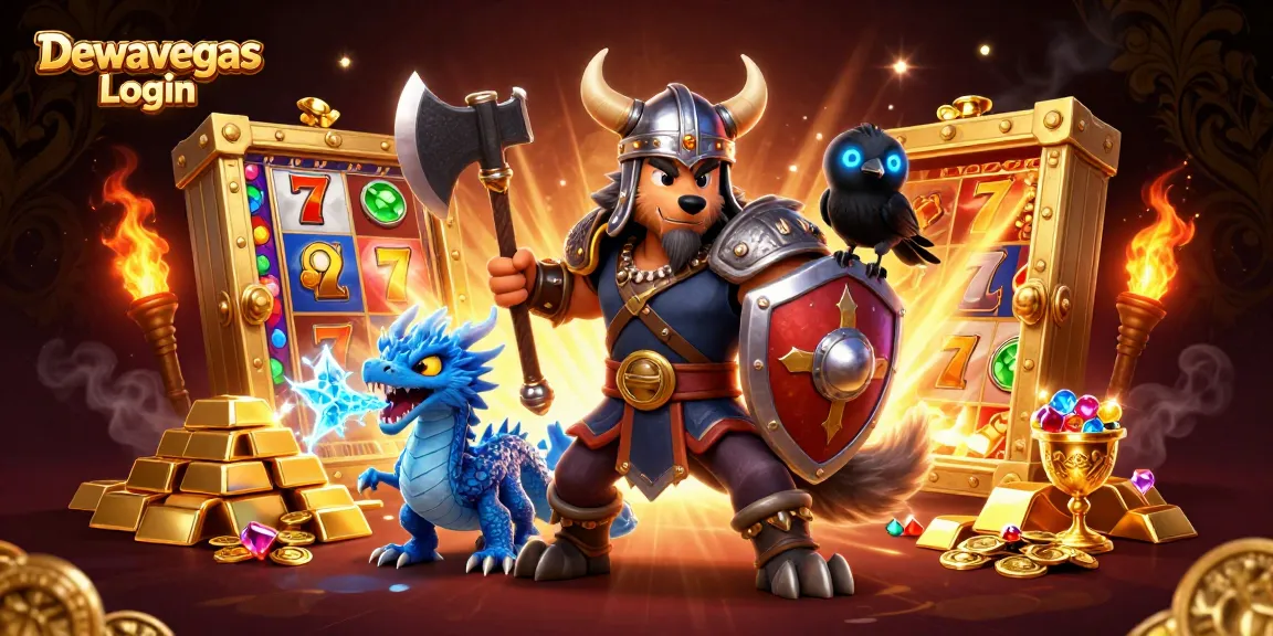 Dewavegas Login showcases a thrilling slot experience with a Viking wolf warrior, a small dragon, and gambling treasures surrounding them.