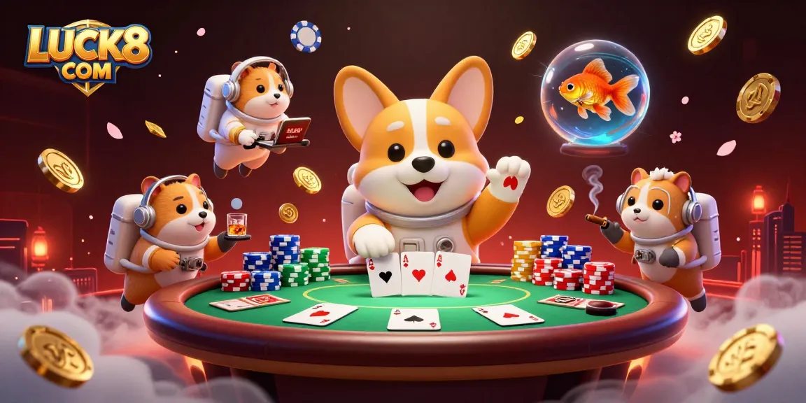 Engage with LUCK8 COM in this captivating casino illustration featuring a dog and hamster in space.