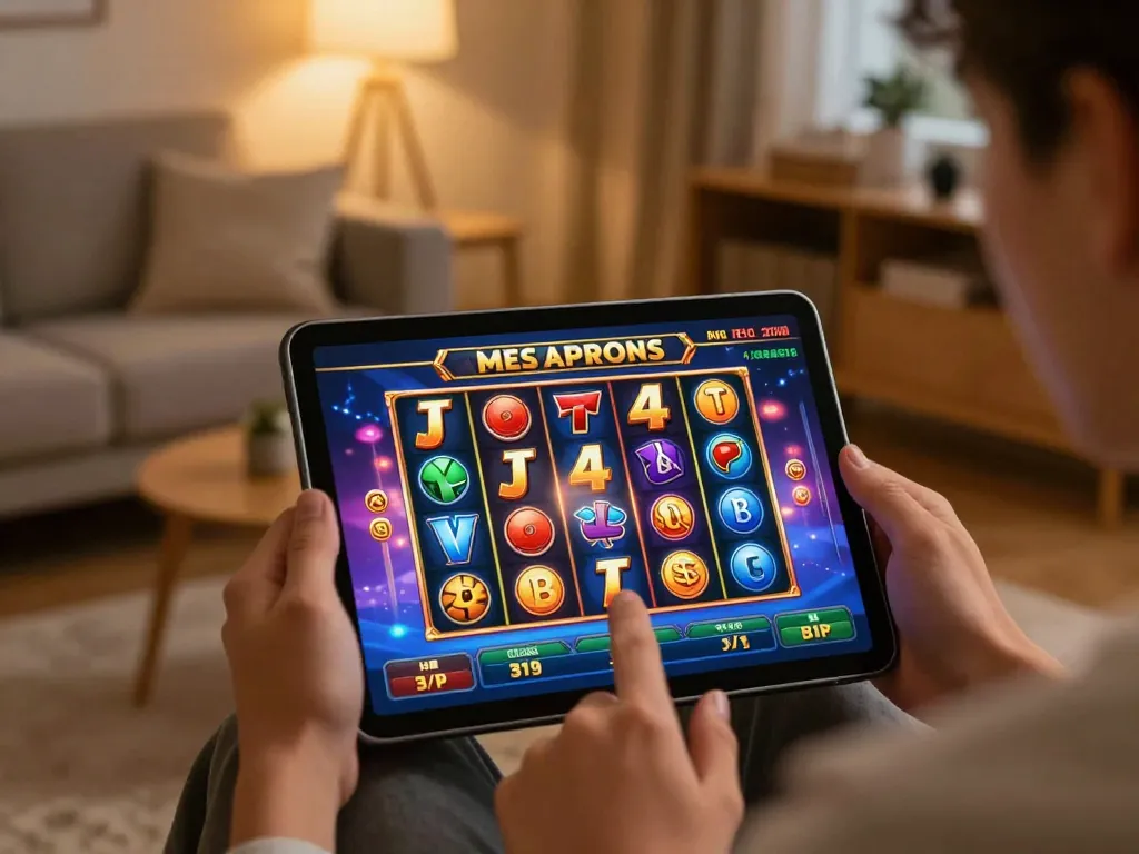 Engaging in a thrilling mega slot game on a tablet, showcasing colorful slot graphics.