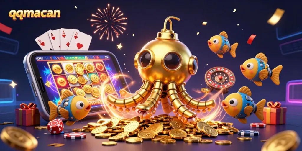 Win big with qqmacan's thrilling gaming experience featuring a golden kraken and casino elements!