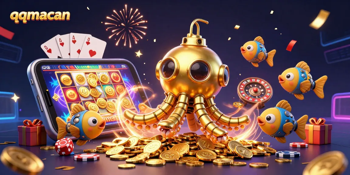 Win big with qqmacan's thrilling gaming experience featuring a golden kraken and casino elements!
