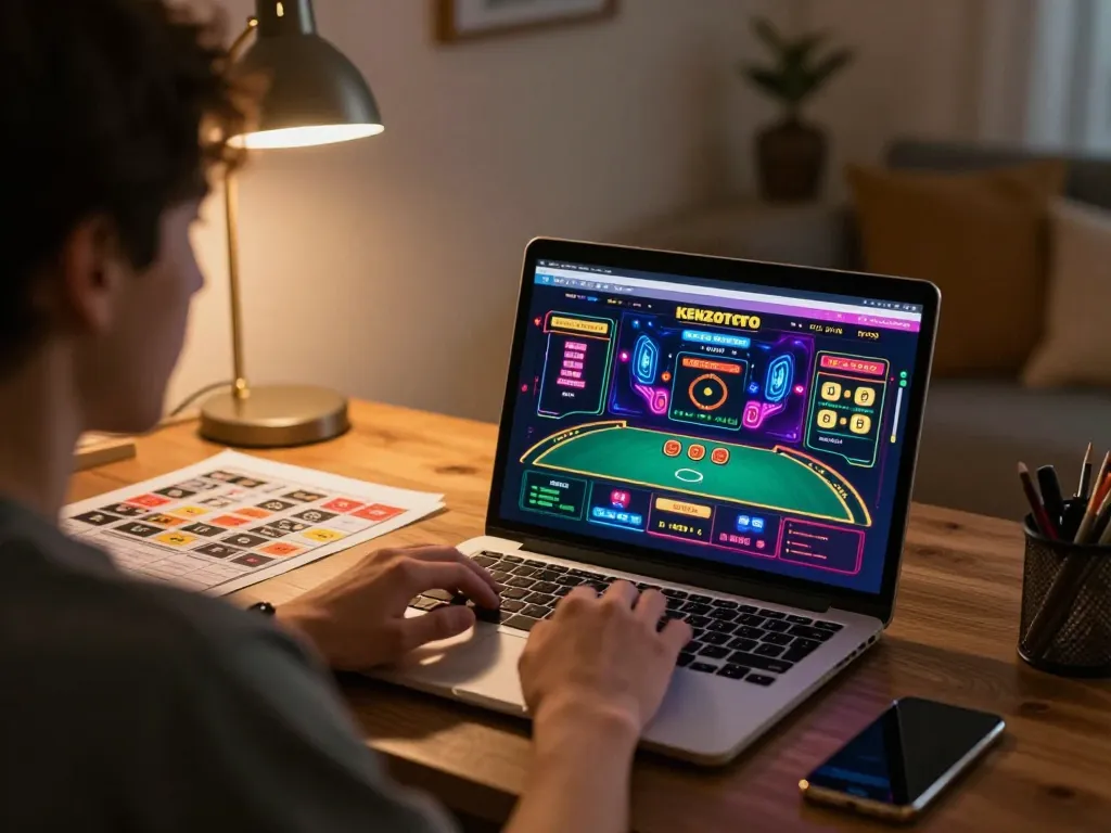 Pemain terlibat dengan antarmuka permainan online KENZOTOTO sambil menganalisis strategi taruhan di kantor rumah yang nyaman