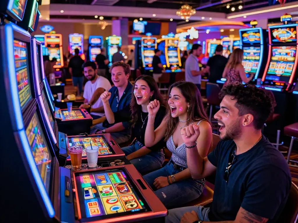 Friends celebrating at a Lucky777 slot machine in a lively casino atmosphere