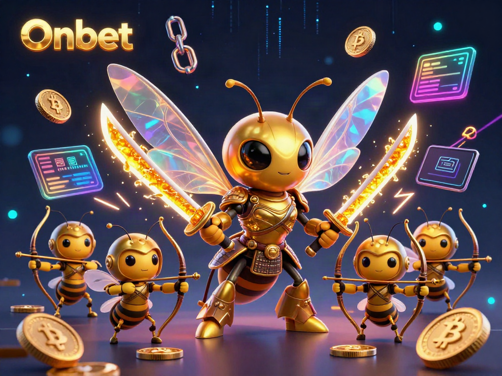 Experience thrilling gameplay on Onbet with a majestic hornet samurai and crypto-themed elements.