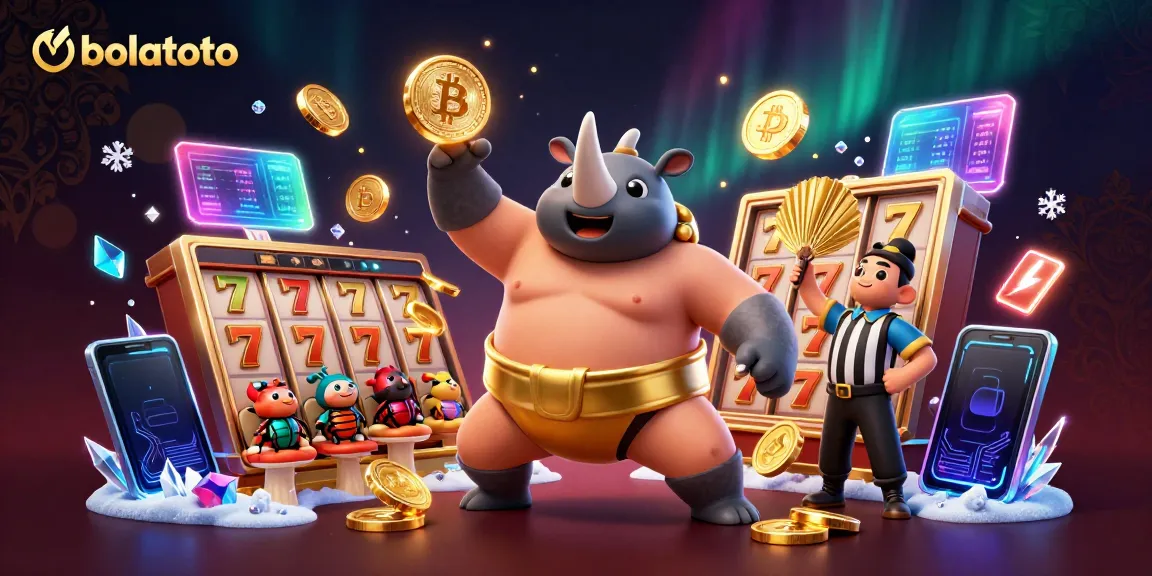 Watch the bolatoto champion beetle stomp for coins in a vibrant casino scene filled with slot reels and crypto displays.