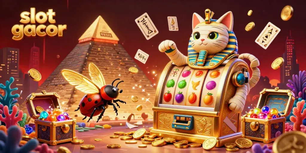 Experience the thrill of slot gacor with vibrant fruit symbols and a mummy cat in a pyramid casino.