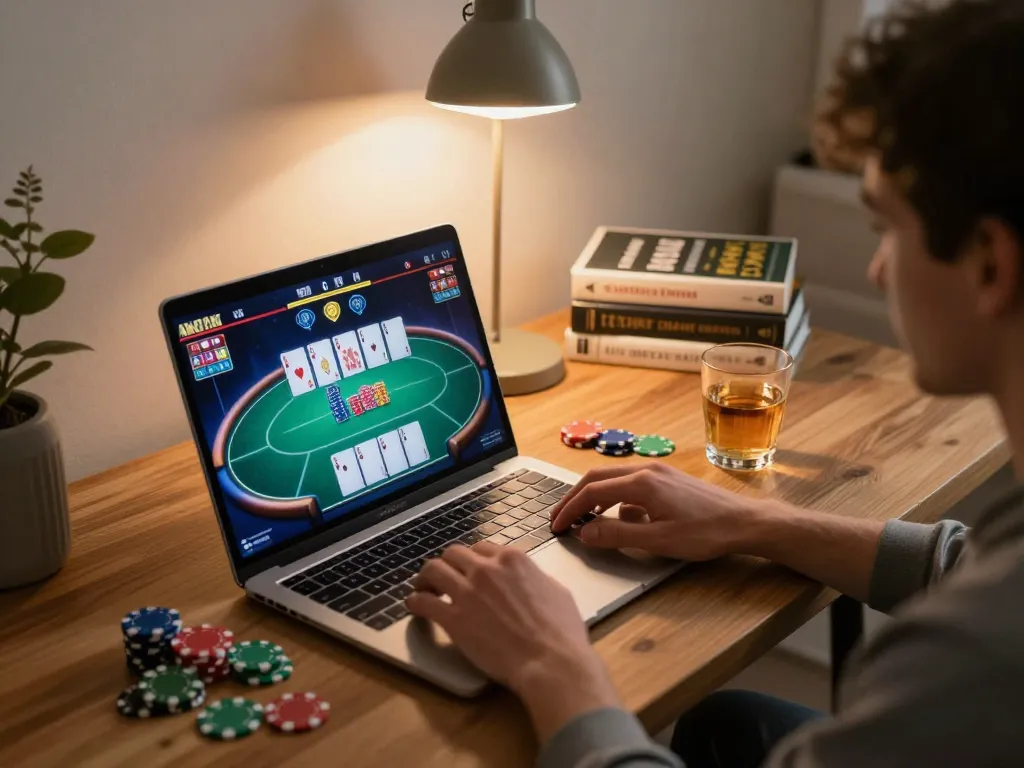 Engage in responsible gaming with ทางเข้า m113 in your home setup, featuring a live poker game on screen.