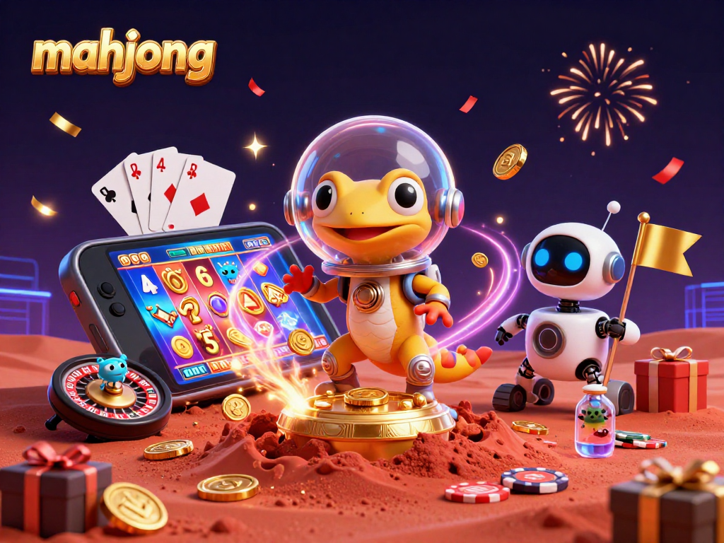 Engage in mahjong fun with 3D Martian characters and casino excitement in this vibrant illustration.