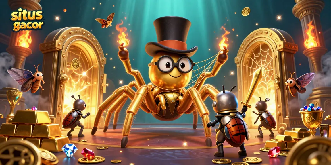 Situs slot gacor menampilkan tarantula emas raksasa dan kesatria beetle di dunia kasino yang berkilau.