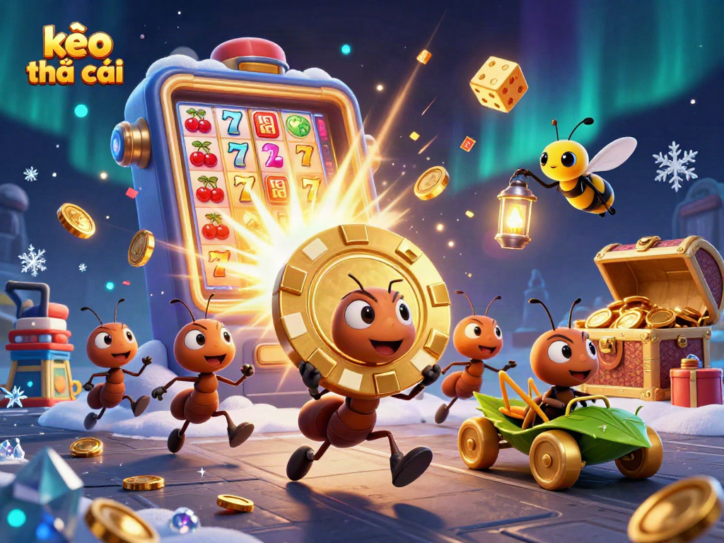Engaging scene of kèo nhà cái with a team of cartoon ants heisting a giant poker chip amidst casino chaos